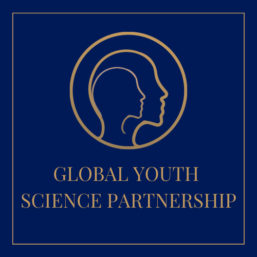 Global Youth science partnership logo in gold on a blue background, it has two head sillouettes
