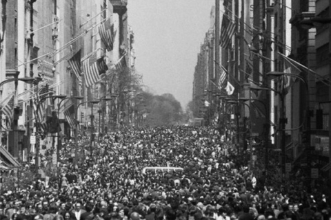 An image of a crowd protesting in the streets at the first Earth Day