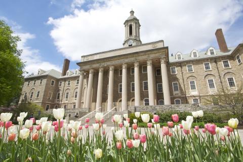Old Main Building and Flowers