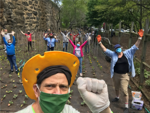 Group of people in an urban garden wearing face masks