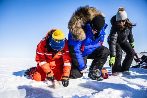 Rob Rember and Mette Kaufman, both with UAFs International Arctic Research Center, train graduate student Rachel Lekanoff how to sample sea ice during a training trip to Utqiaġvik, Alaska prior to the MOSAiC expedition